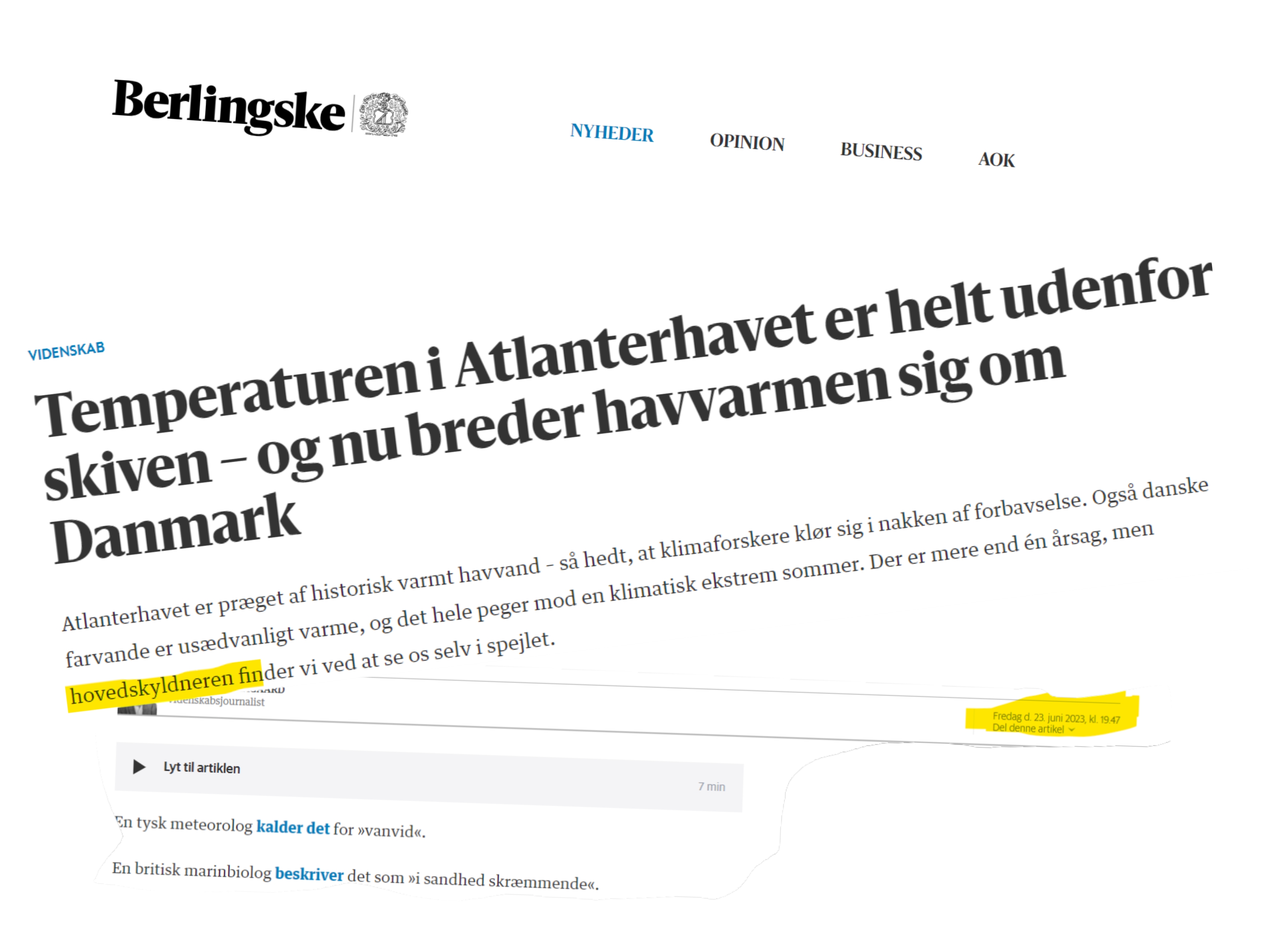 Dok-collage - Berlingskes nyhedsartikel om havvarme