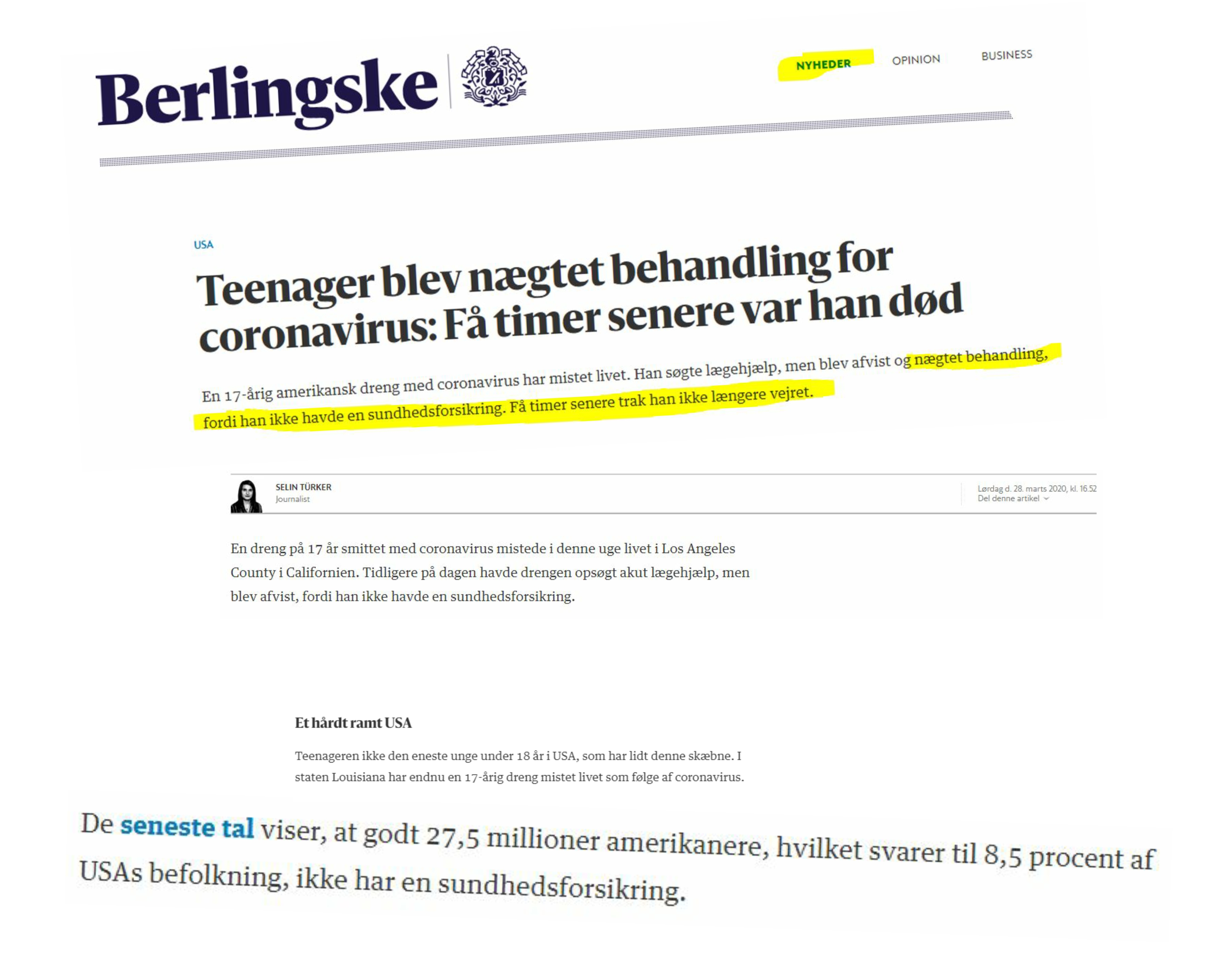 Collage med teksteksempler fra artiklen i Berlingske Tidende